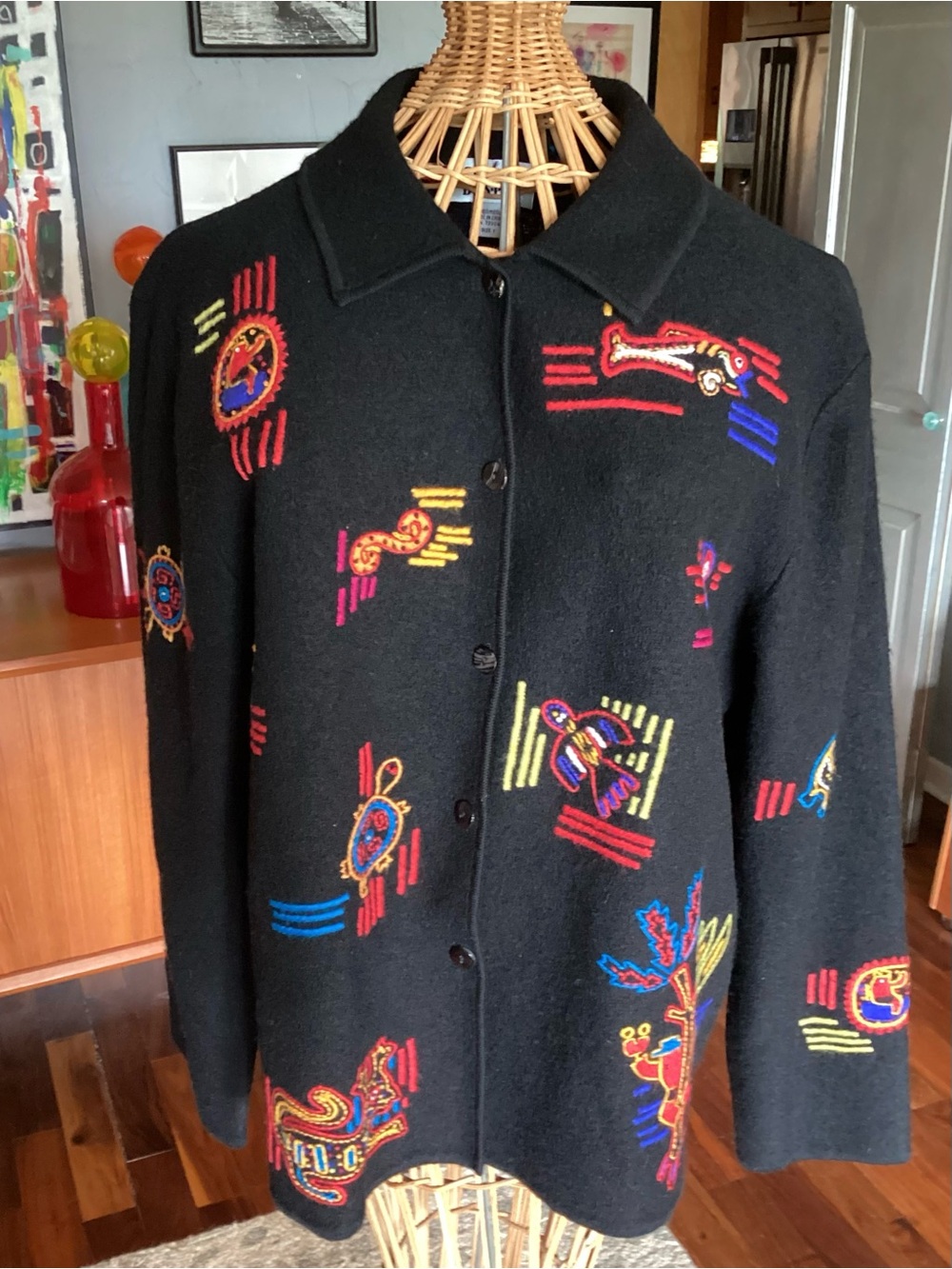 Vintage Chico's Design Wool Black Cardigan with Multicolor Folk Embroidery